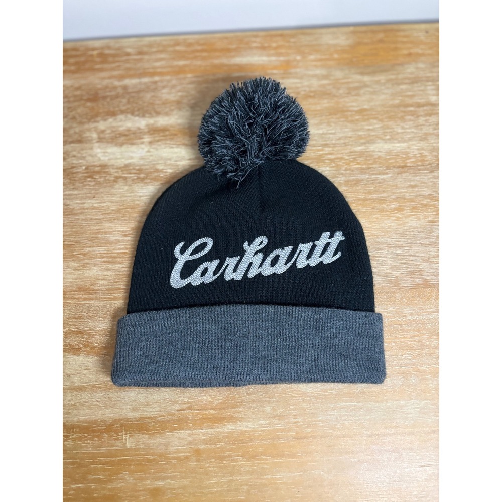 Carhartt Mens Black Grey‎ Pom Pom Beanie Knit Hat Script Logo 104023 001 FA19